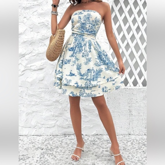 New XL 12 SHEIN vacay blue white toile strapless tiered dress shirred - Picture 8 of 17